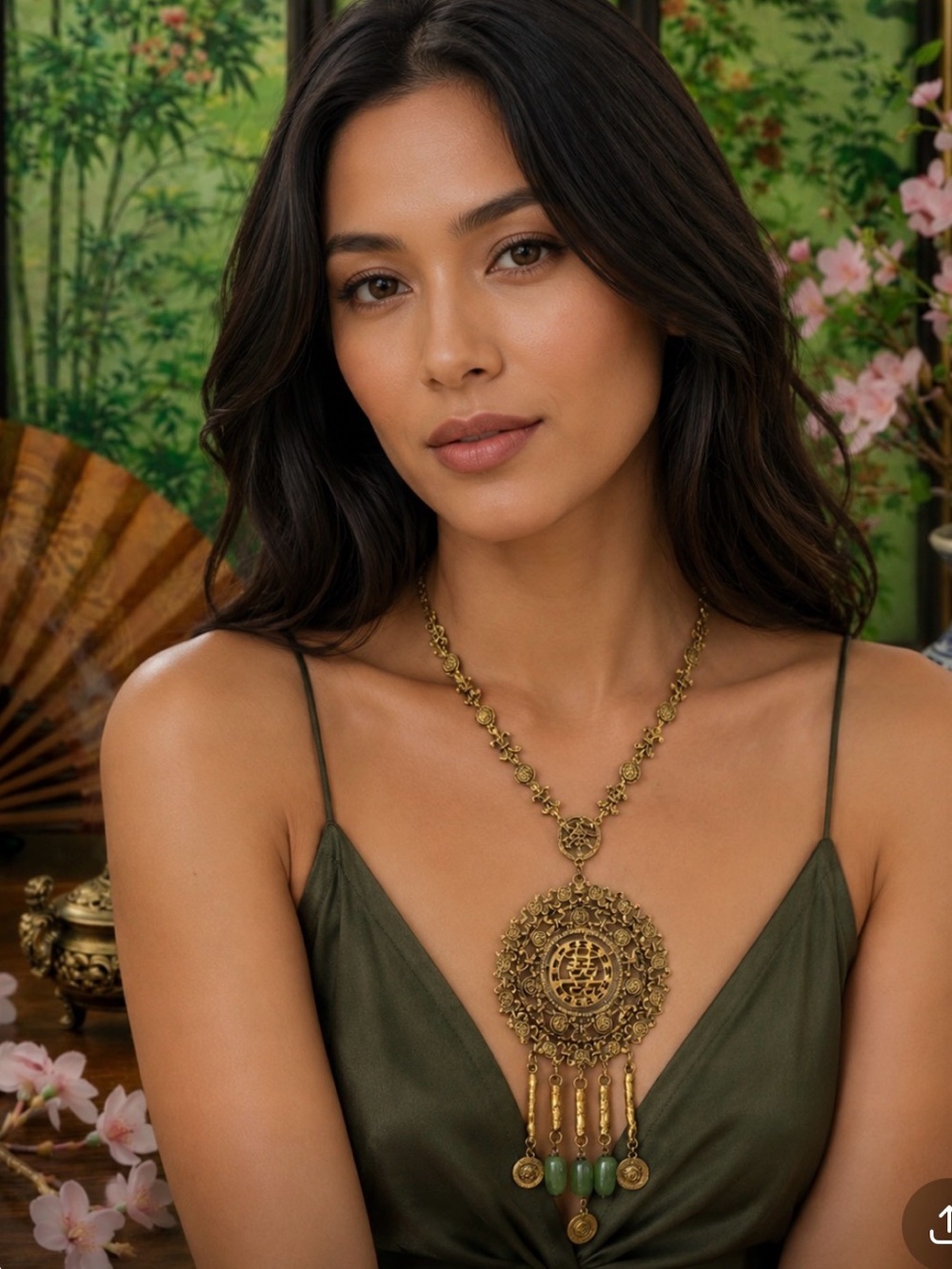 GOLDETTE 1960s Asian-Inspired Gold Filigree Necklace with Green Jade Drops